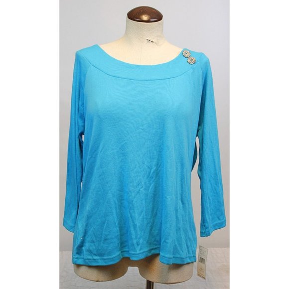 Jason Maxwell Women's Blue 3/4 Sleeve T-Shirt size XL NWT Gem Circles Brooch - Picture 1 of 7